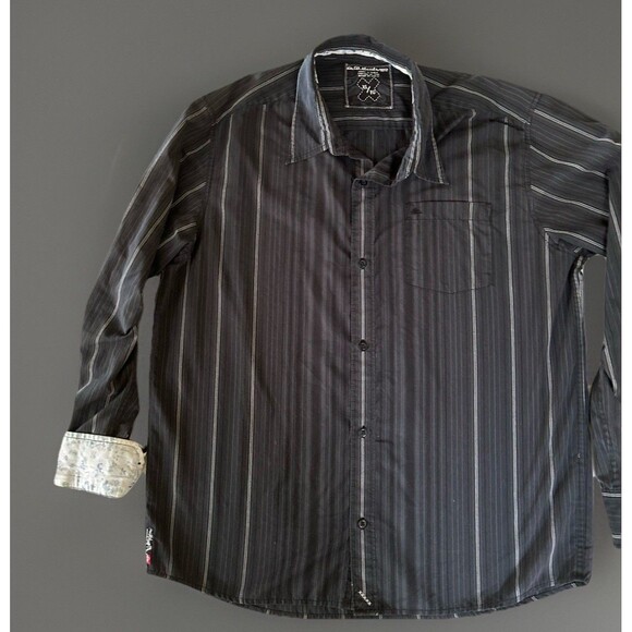 Quiksilver Button Up Black White Pin Stripe Floral Cuff Size XL - Picture 3 of 10